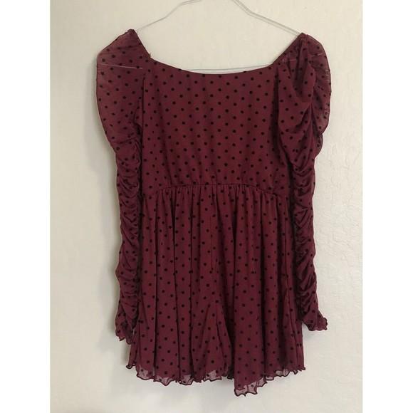 ASOS DESIGN flocked Burgundy Black Polka Dot ruched sleeve romper Size 8 - Picture 4 of 13
